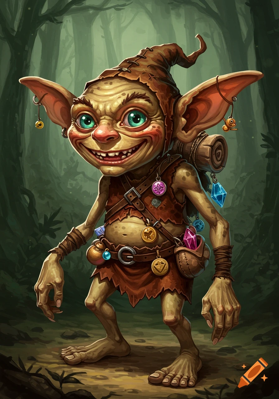 An illustration of a goblin-like creature in a forest
