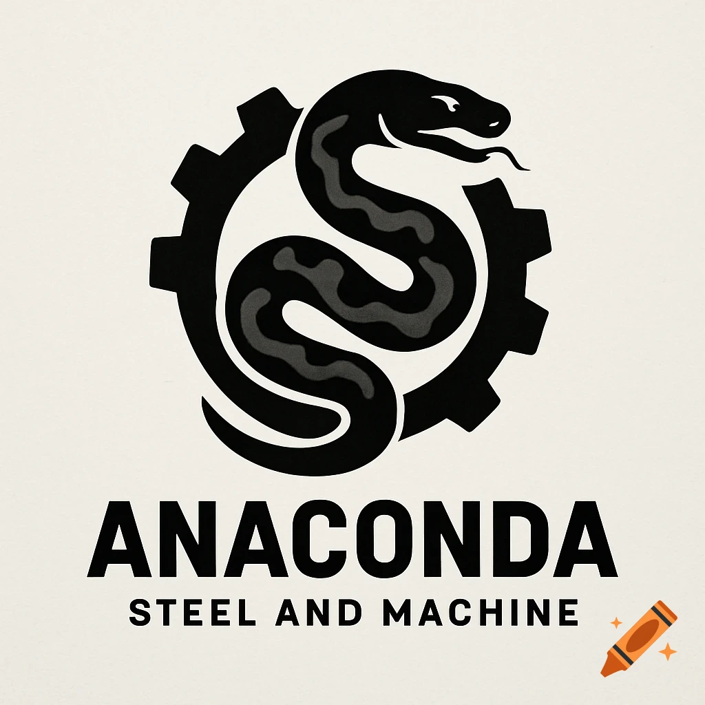 Black logo with a snake coiled around a gear and text 'ANACONDA STEEL AND MACHINE'.