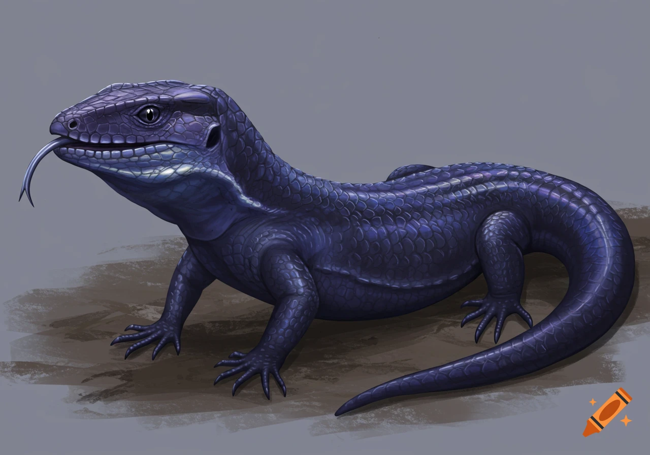 Illustration of a blue and purple lizard sticking out a silver tongue.