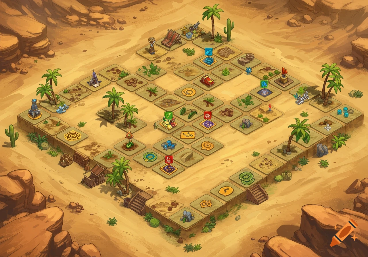 A desert-themed board game board seen from a bird's-eye view, with squares, icons, palm trees, cacti, and rocks.