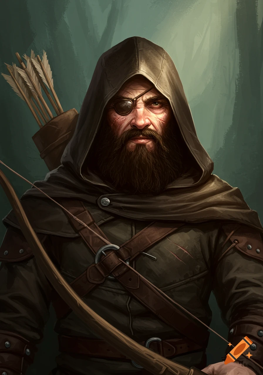 Portrait of a one-eyed, bearded ranger in a hooded cloak with a bow and quiver.