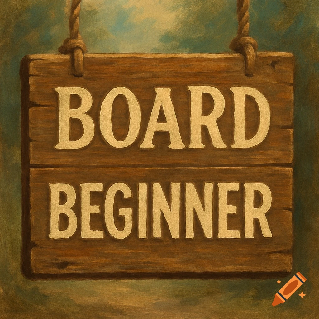 A painted wooden sign reading BOARD BEGINNER.