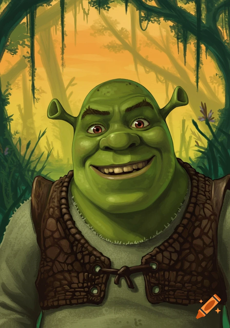 Illustration of a smiling Shrek in a forest.