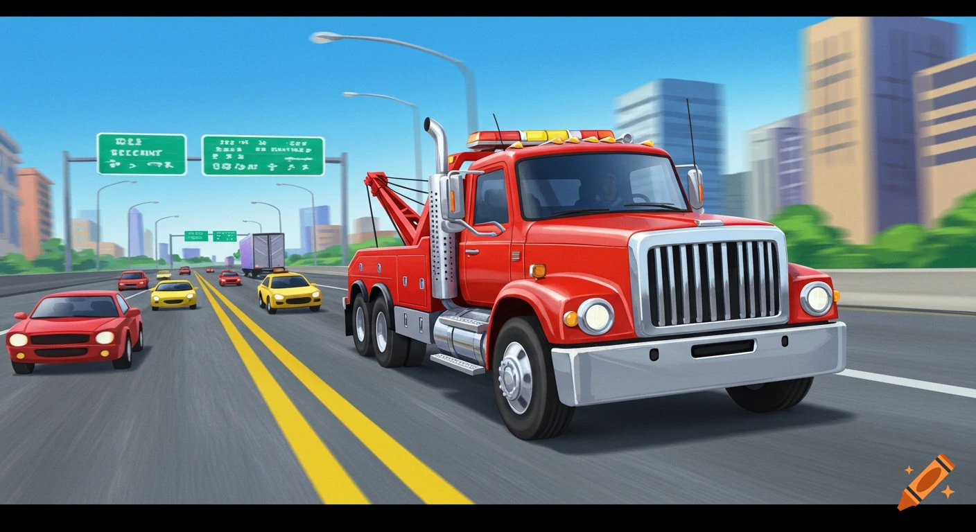 Illustration of a red tow truck and cars driving on a highway