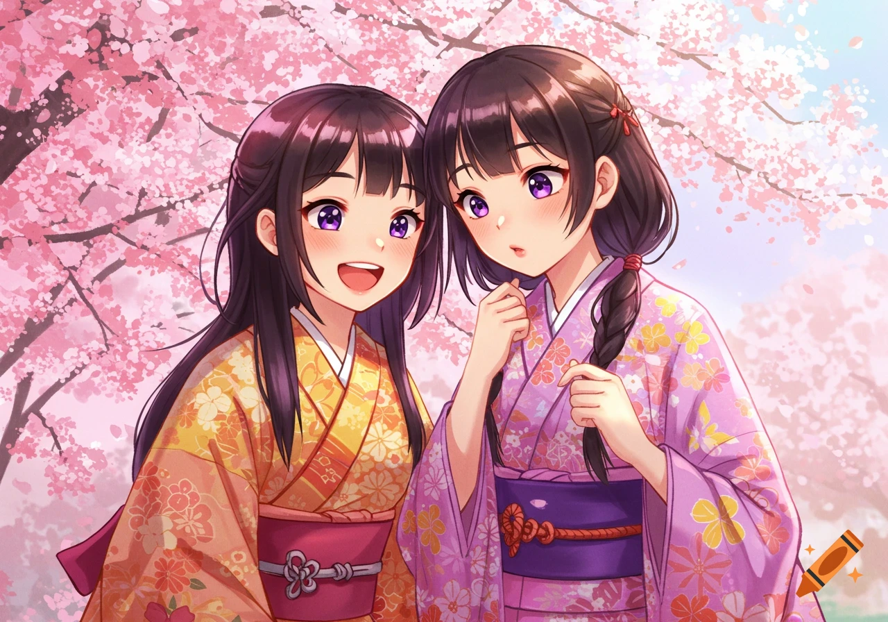 Two anime girls in kimonos stand under cherry blossom trees.