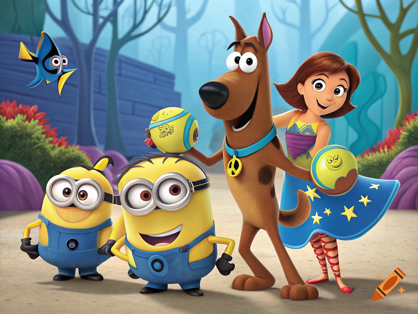 Cartoon characters Scooby-Doo, two Minions, a girl, and a fish pose with balls in a colorful forest.