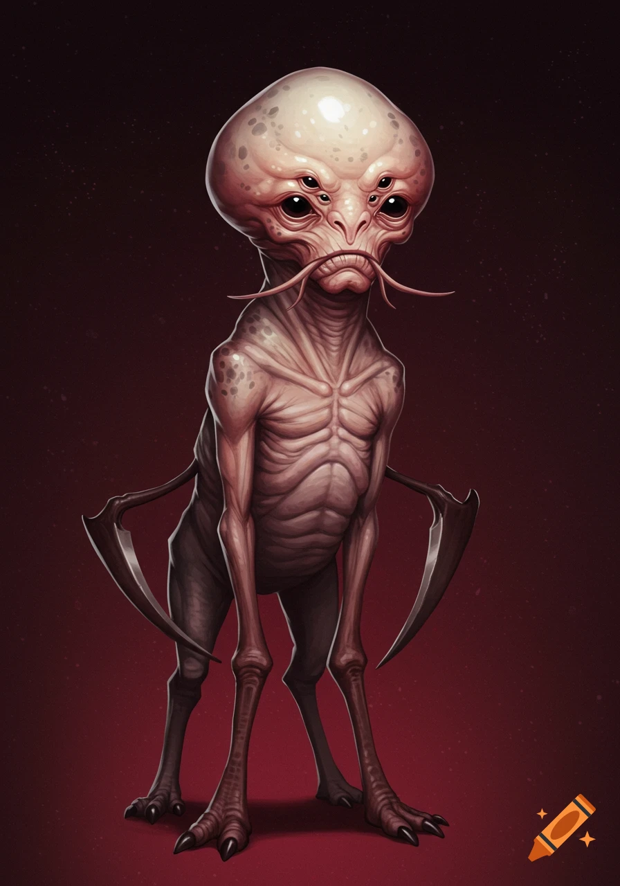 A lanky alien creature with multiple eyes, tendrils near its mouth, and scythe-like arms on a red background.