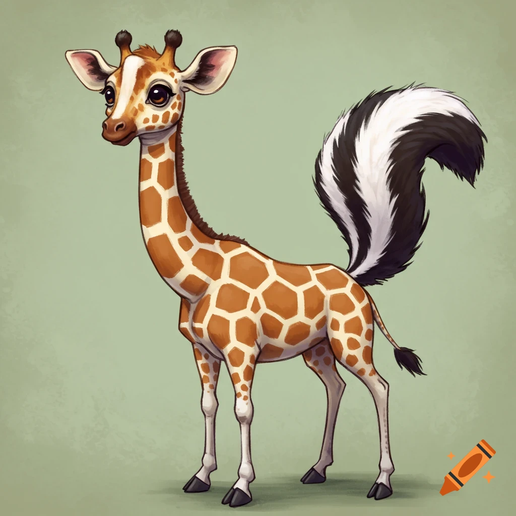 A cartoon giraffe with a black and white skunk tail.