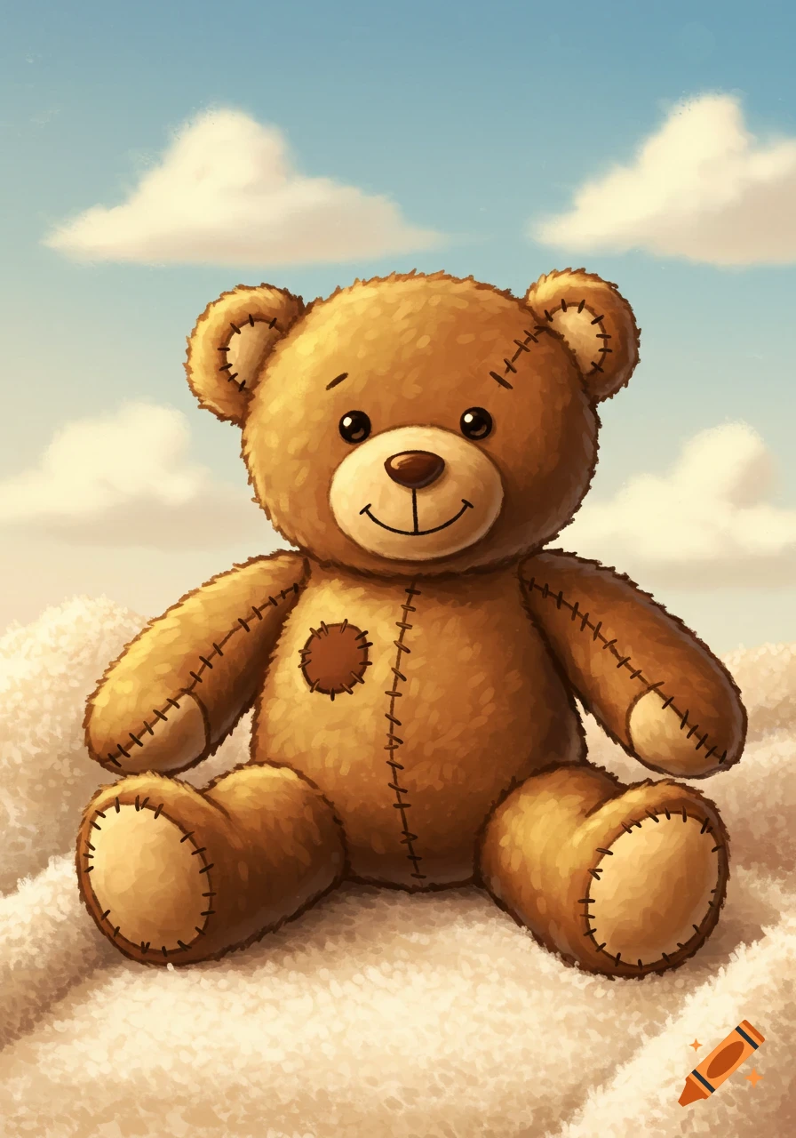 An illustrated brown teddy bear sits in front of a cloudy blue sky.