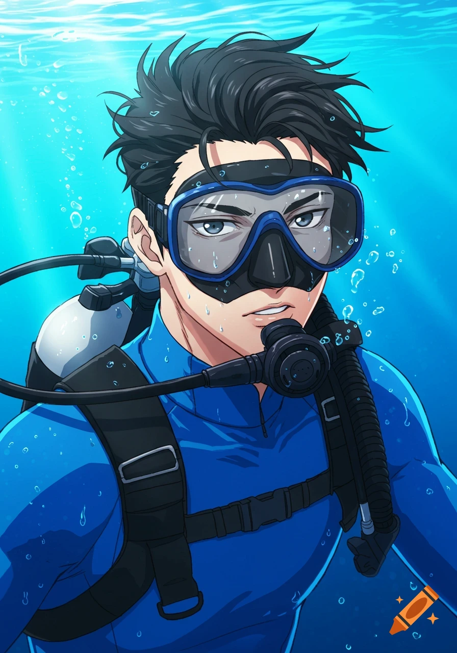 Anime portrait of a man in scuba gear underwater