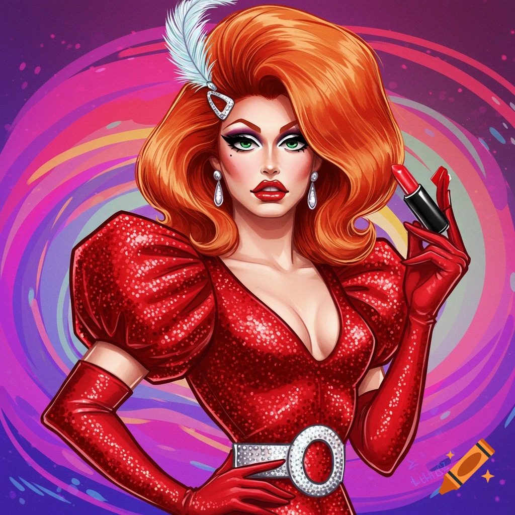 A stylized portrait of a drag queen with bright red hair and a sparkly red dress, holding a tube of lipstick.