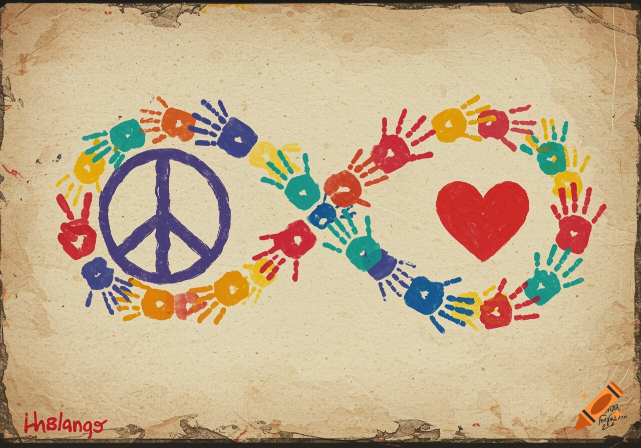 Infinity symbol made of colorful handprints with a peace sign and heart, homemade style.