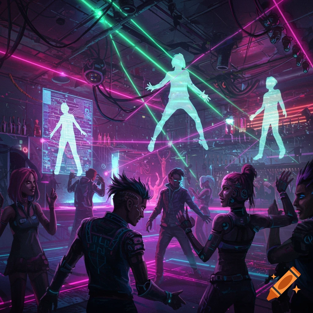 A cyberpunk dance club with people dancing under neon lights and lasers.