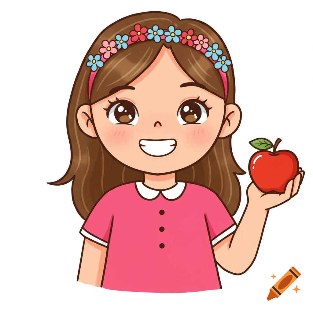 Cute clip art illustration of a girl with a flower headband holding an apple.