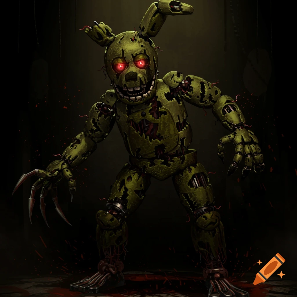 A scary, tattered green animatronic with glowing red eyes stands in a dark room with blood splattered around.