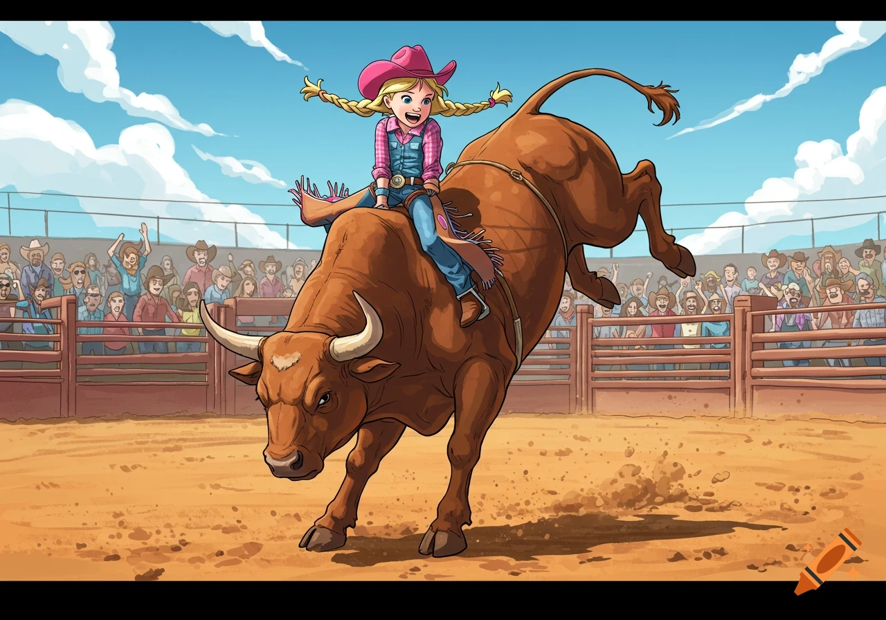 Illustrated scene of a young cowgirl riding a bucking bull in a rodeo arena with a crowd watching.