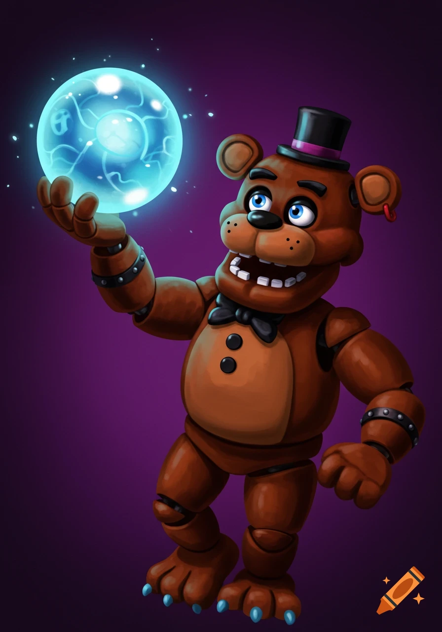 Freddy Fazbear holds a glowing blue orb.