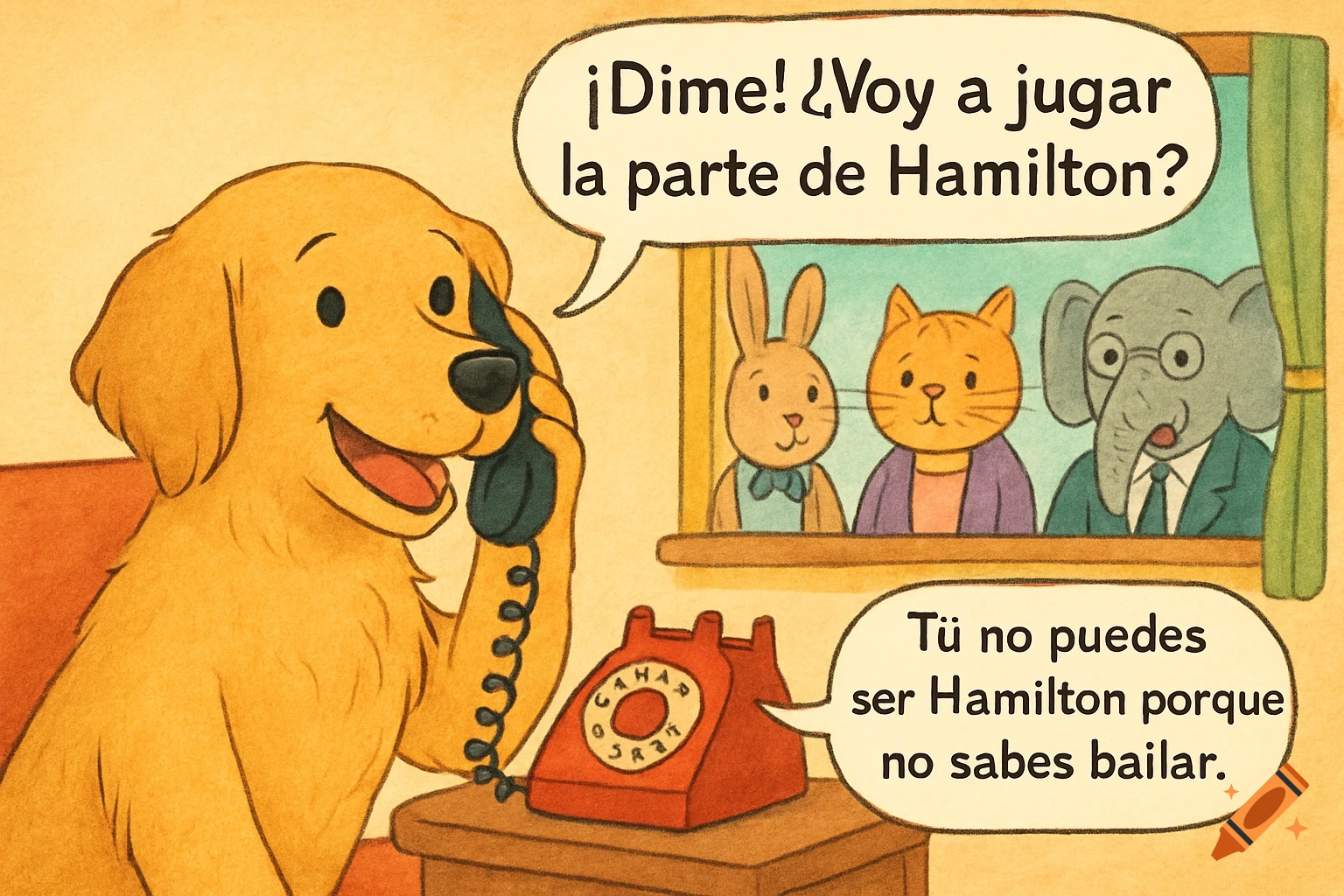 Children's book illustration of a golden retriever on the phone with animal judges.