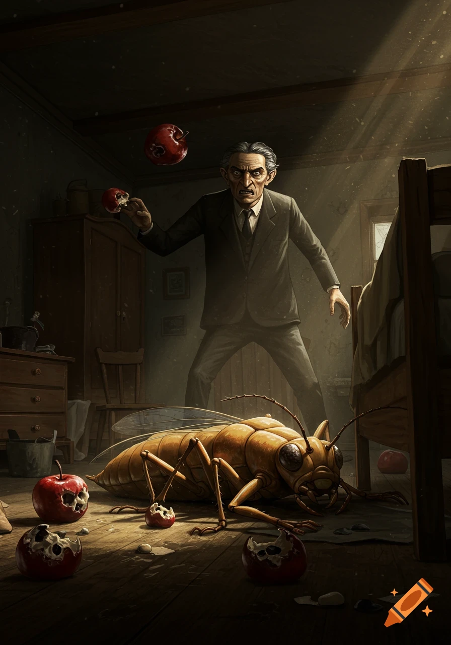 Dark fantasy illustration of a man in a suit standing over a giant insect on the floor, holding a skull-carved apple, with other skull apples nearby in a dim room.