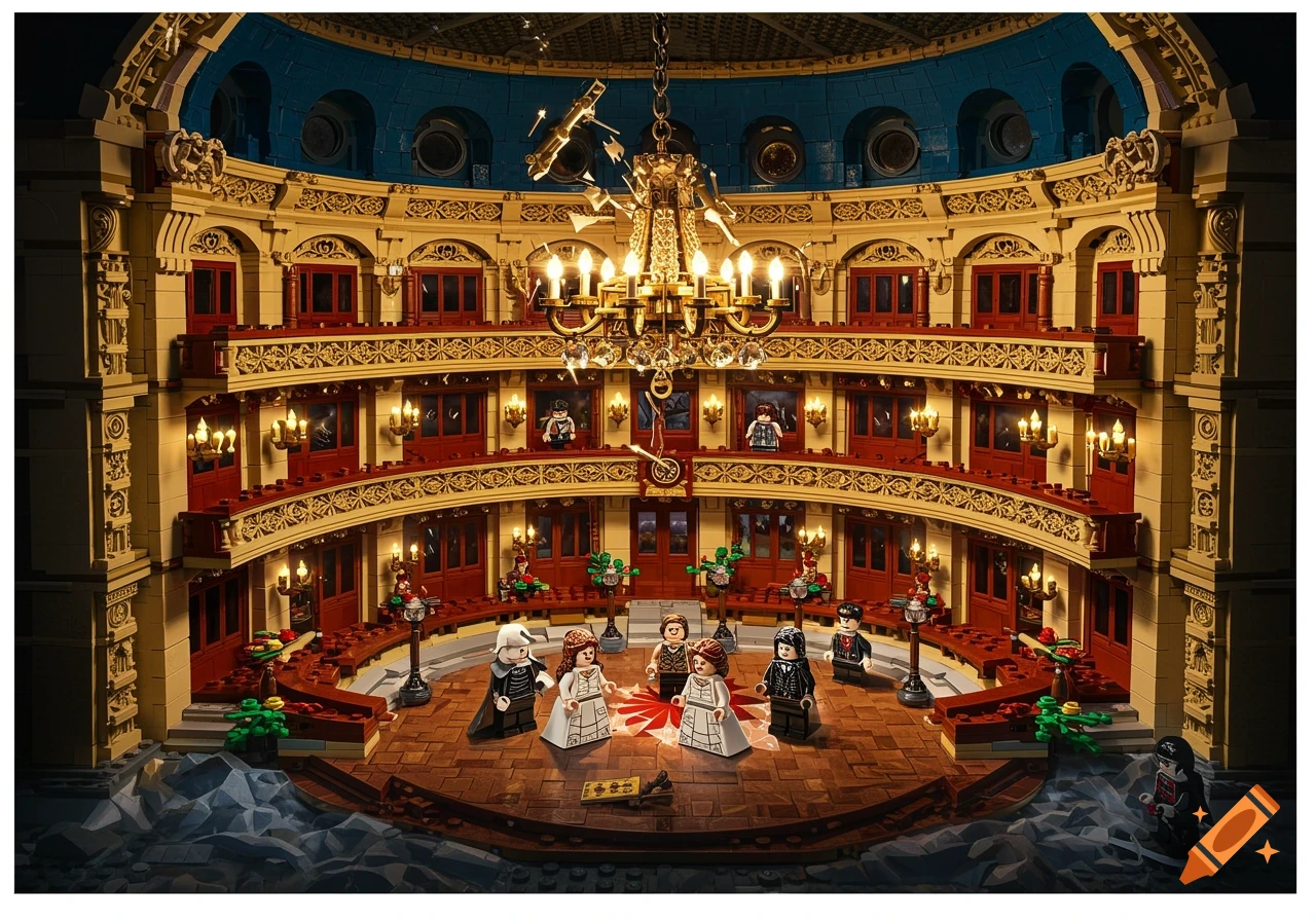 A detailed LEGO model of a grand opera house interior stage and balconies, with several LEGO minifigures on the stage.