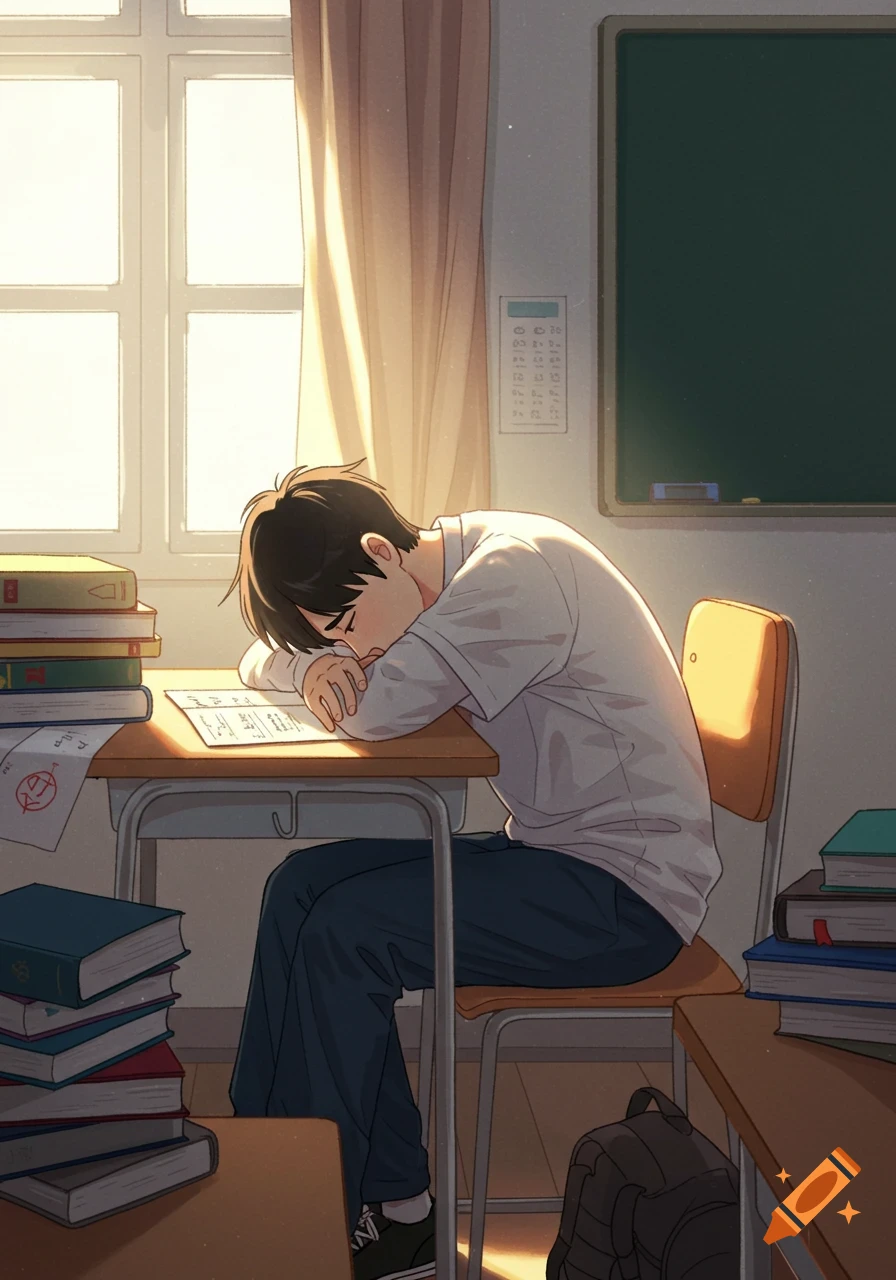 Anime style illustration of a student sleeping at a desk piled with books in a sunlit classroom.