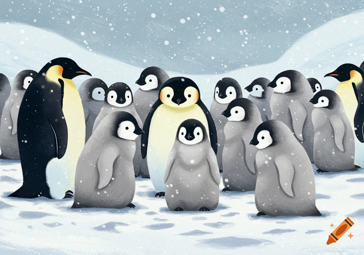 Illustration of a group of penguins standing in falling snow.