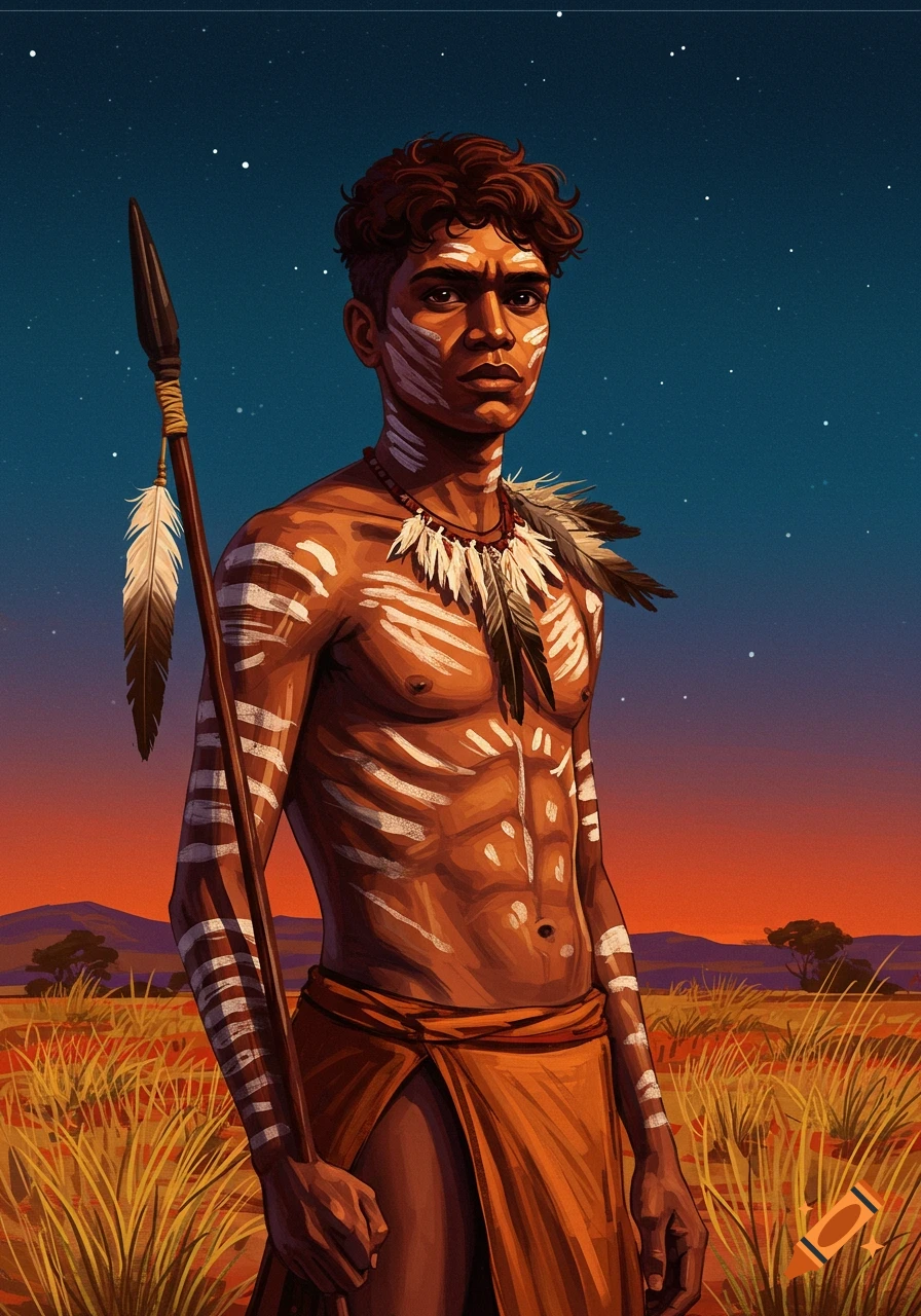 Young indigenous man with body paint holds a spear in an Australian landscape at dusk.