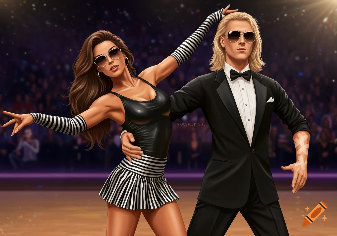 An illustration of a couple ballroom dancing; the woman wears a black top and striped skirt, the man wears a tuxedo.