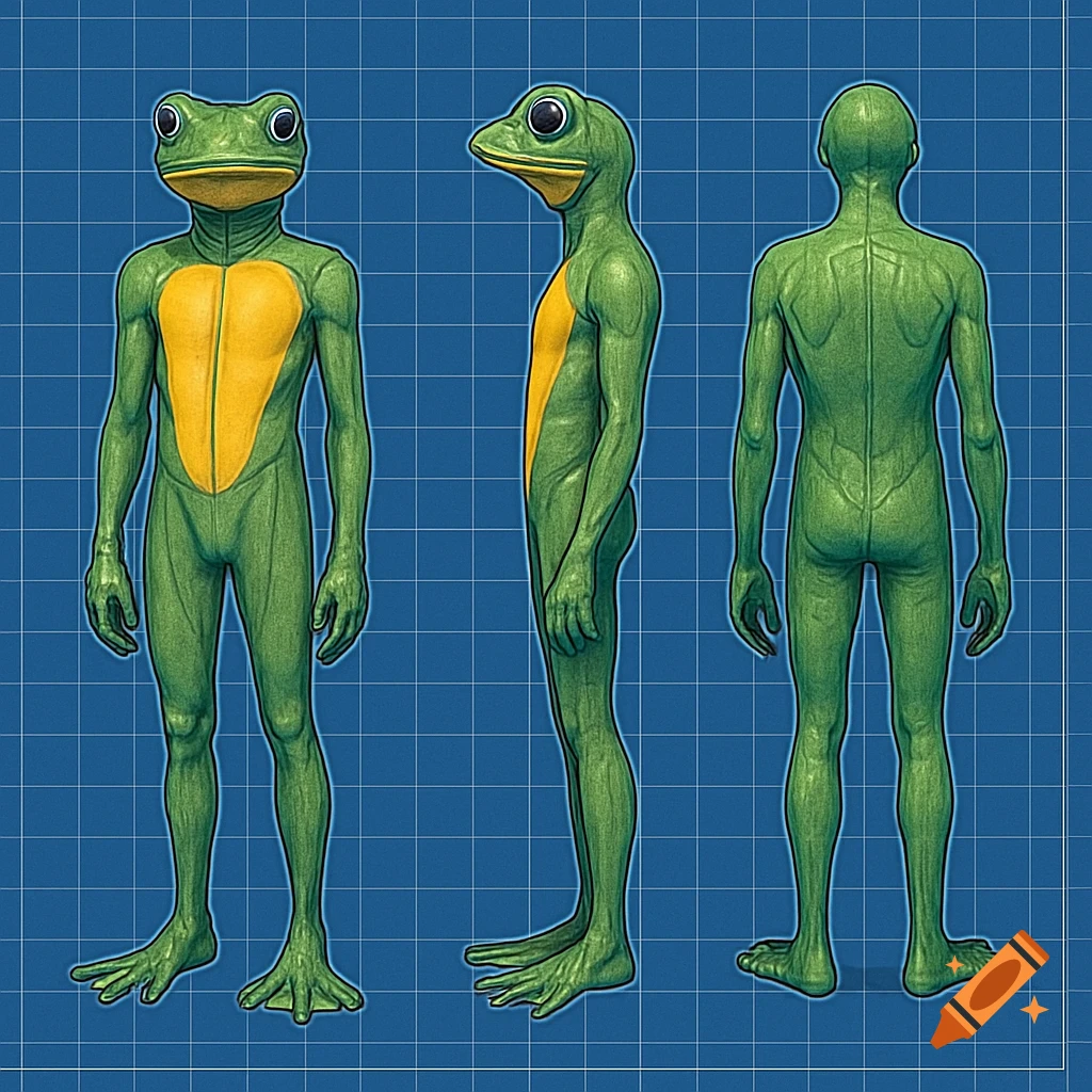Blueprint drawing of a person in a green and yellow frog suit, showing front, side, and back views on a blue grid.