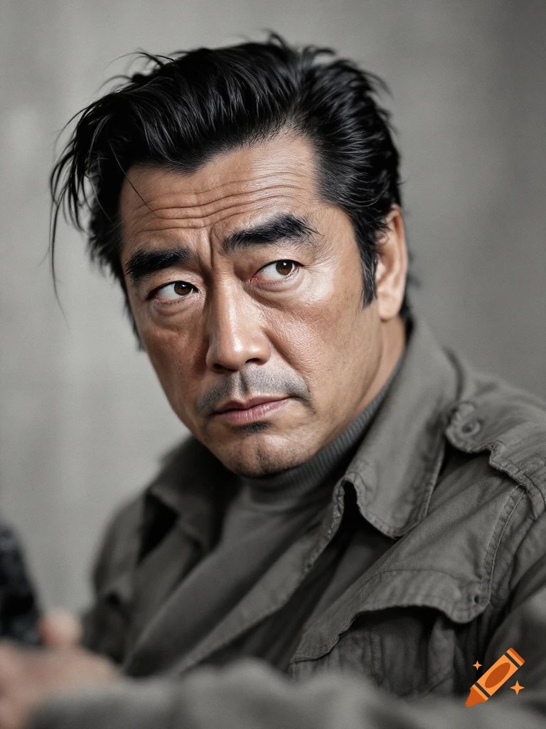 Close-up photorealistic portrait of a man with dark hair and serious ...