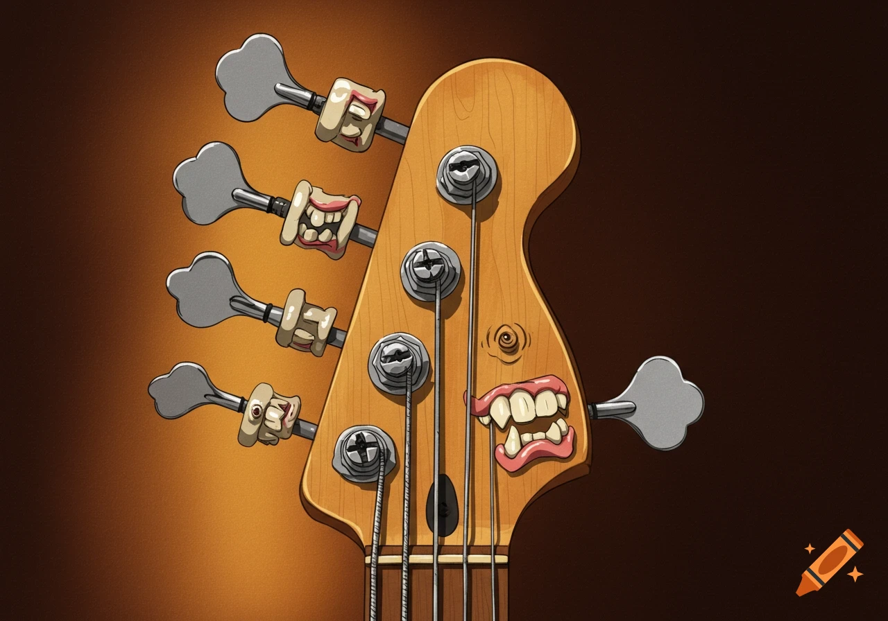 A cartoon close-up of a guitar headstock with tuners replaced by hillbilly teeth.