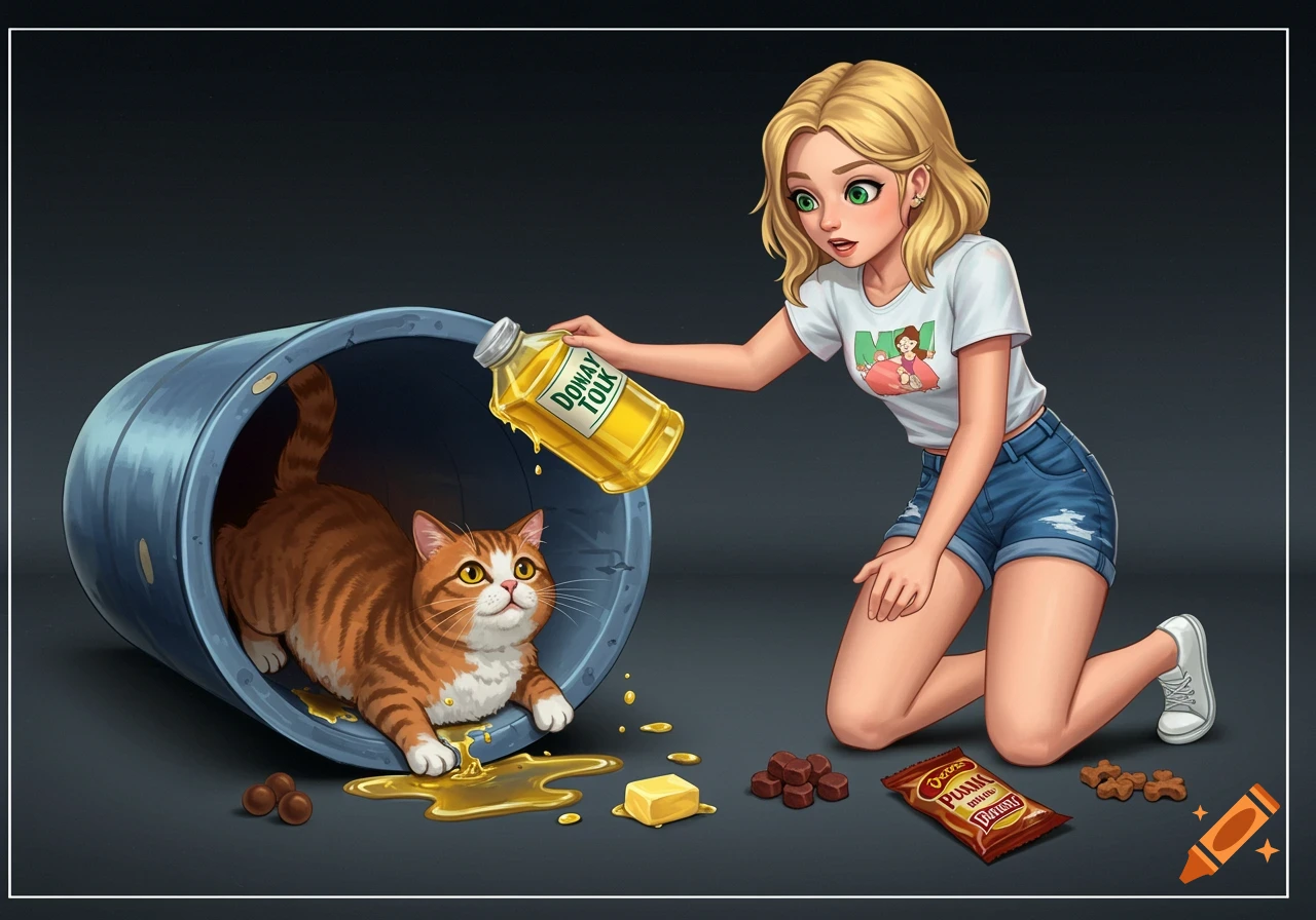 Cartoon illustration of a girl kneeling, giving a ginger cat stuck in a tube liquid from a bottle, with spilled liquid, butter, and treats on the floor.