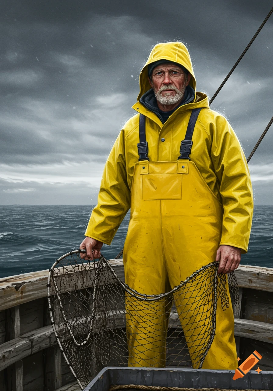 A sea fisherman in yellow rain gear holds a net on a boat in stormy weather.