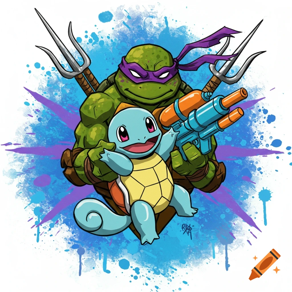 Illustration of Donatello holding Squirtle with a water gun against a blue and purple splatter background.