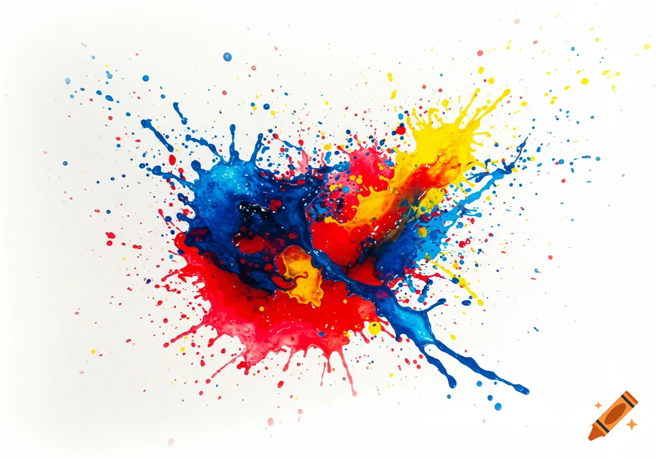 A vibrant splash of red, blue, and yellow paint splatter on a white background.