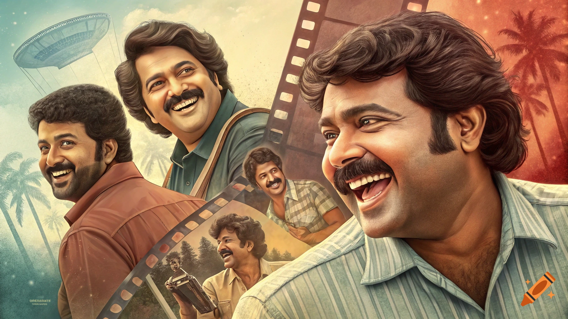 Collage of smiling men in a movie poster style with film reel strips, palm trees, and a futuristic disc object.