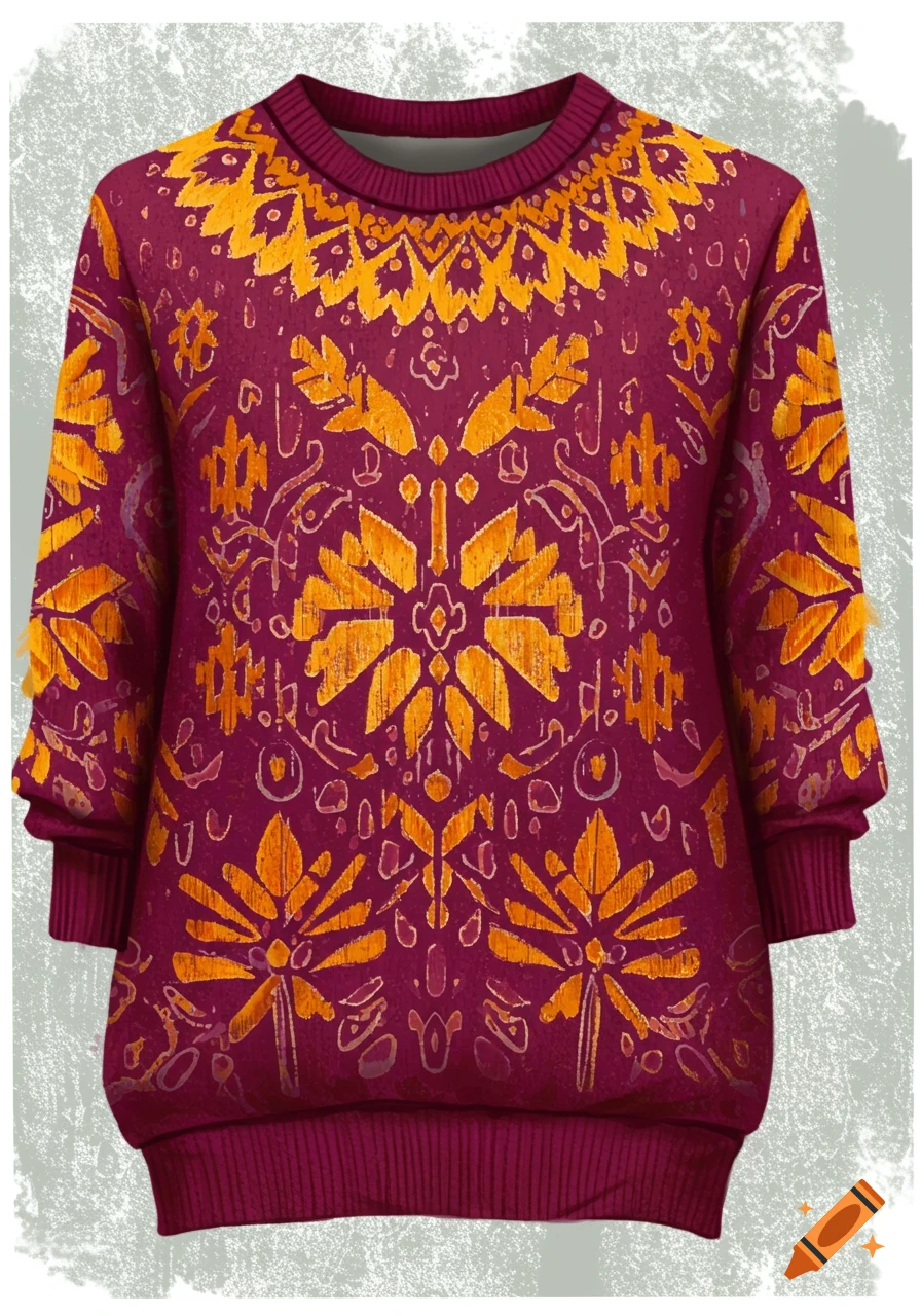 A dark red sweater with a detailed orange and yellow folk pattern.