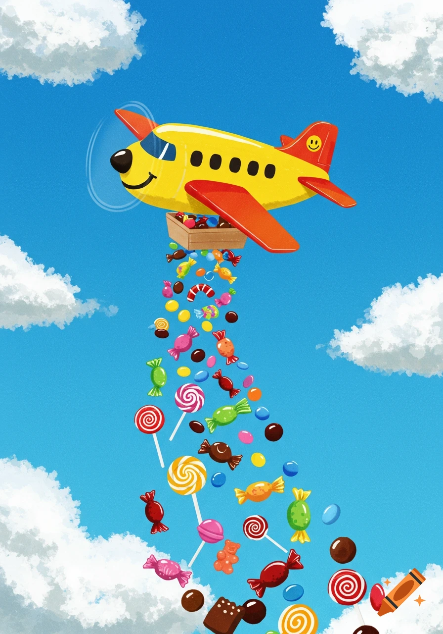 Cartoon yellow airplane dropping colorful candy in a blue sky