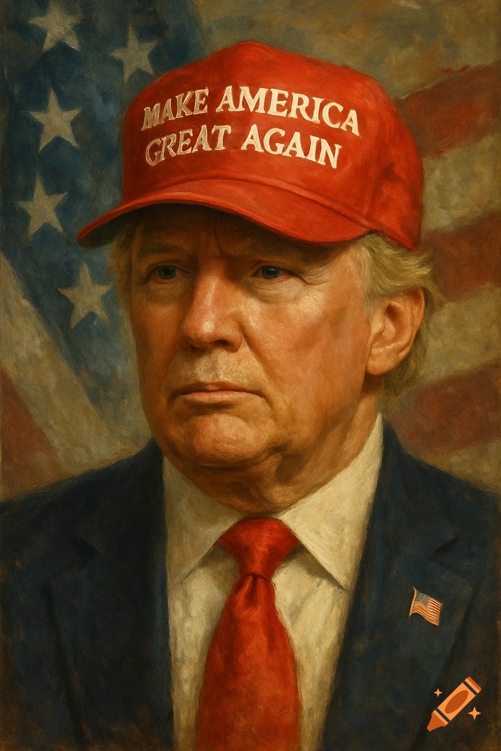 Portrait of Donald Trump wearing a red 'MAKE AMERICA GREAT AGAIN' hat against an American flag background in a painted style.