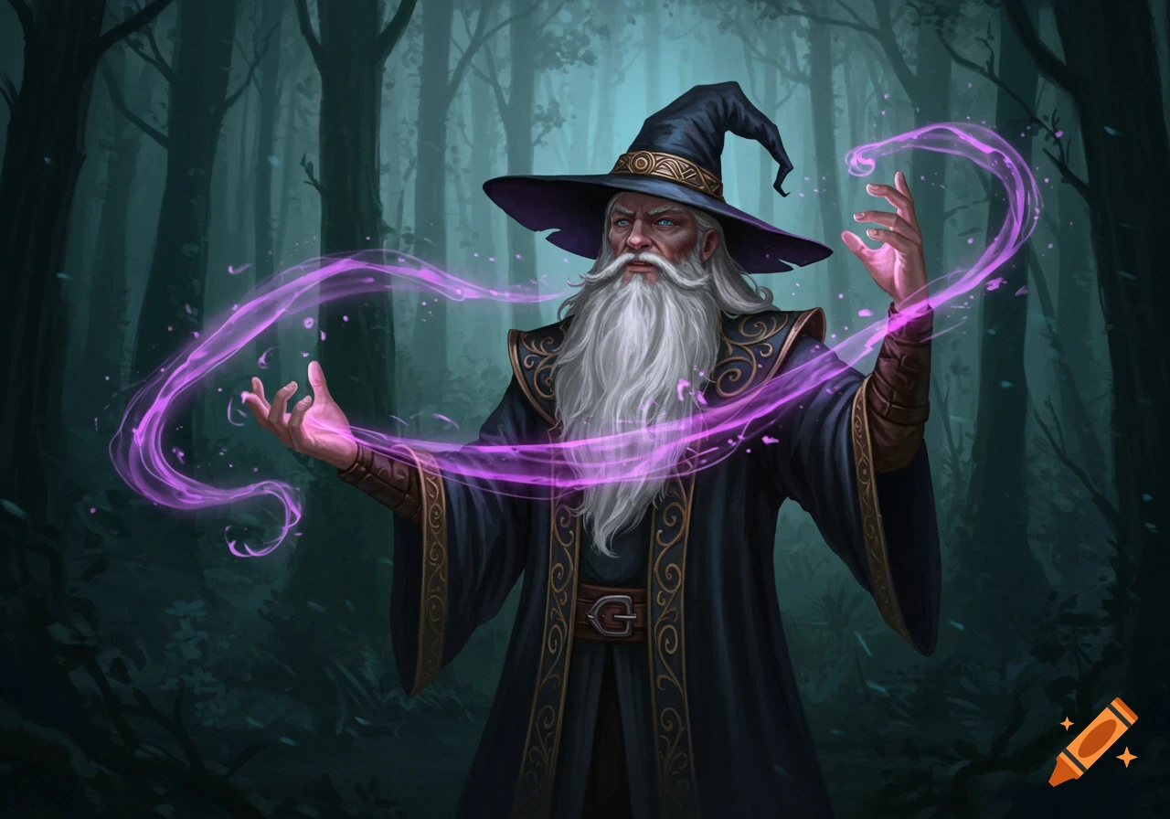 An old wizard with a long beard casting a purple magic spell in a dark ...