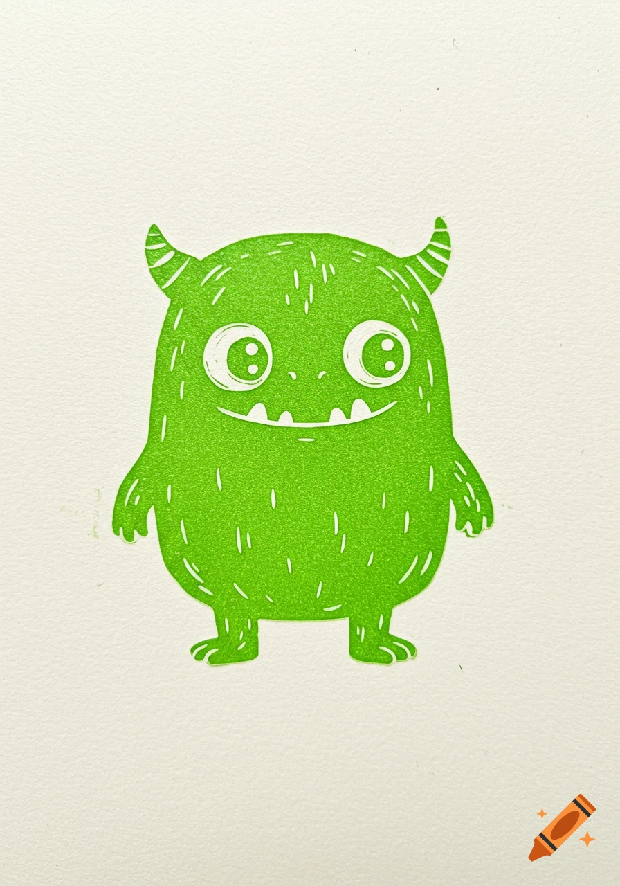 A cute green monster linocut print