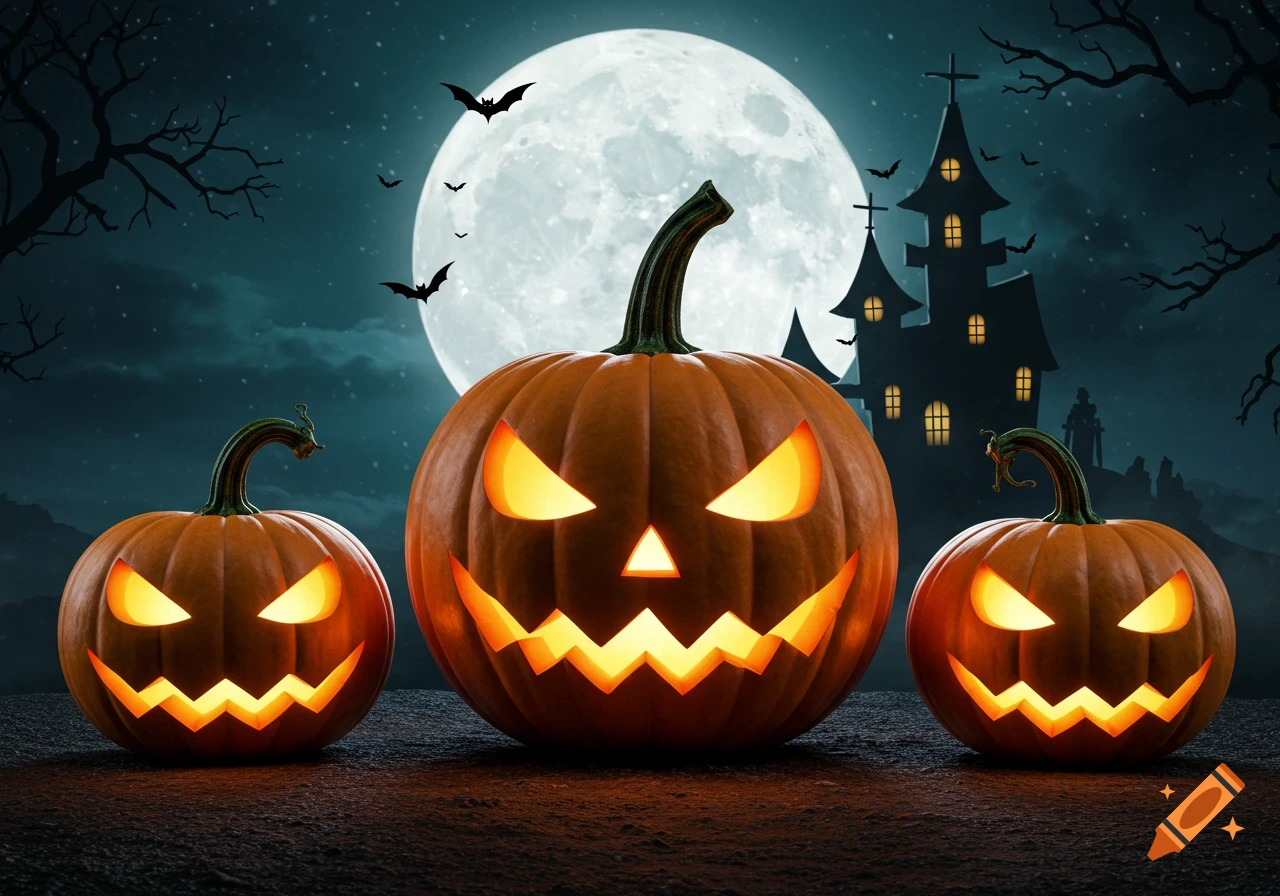 Three carved Halloween pumpkins on the ground with a large moon, haunted house, and bats flying in the background on a spooky night.
