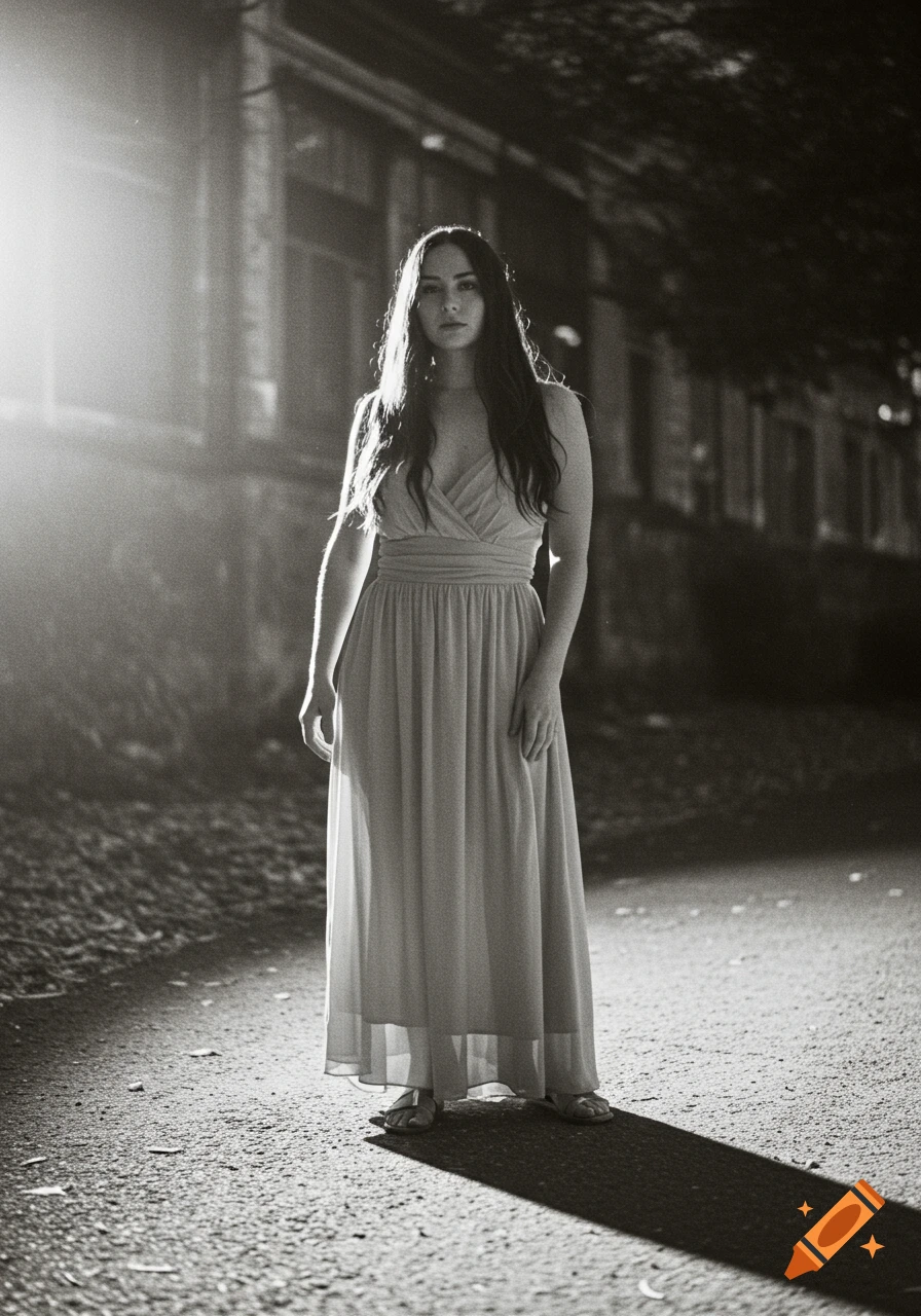 A woman in a long dress stands outdoors at night in a black and white photo.