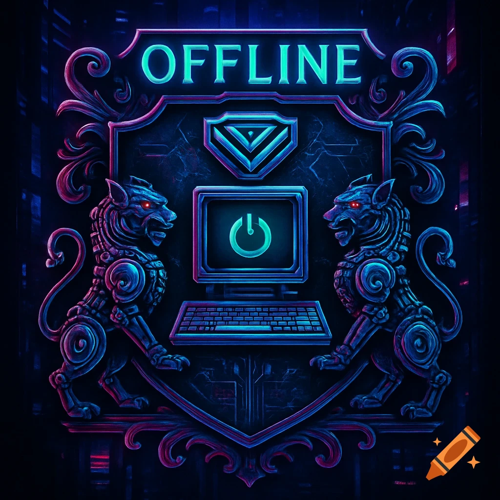 Cyberpunk coat of arms with neon 'OFFLINE' title, two mechanical lions, and a computer screen with a power symbol.