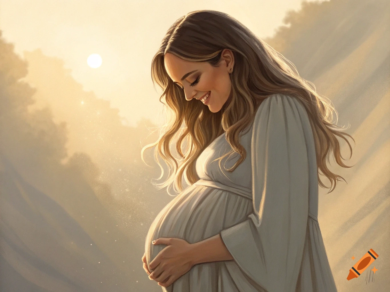 Smiling pregnant woman holds her belly in soft golden light, digital painting.