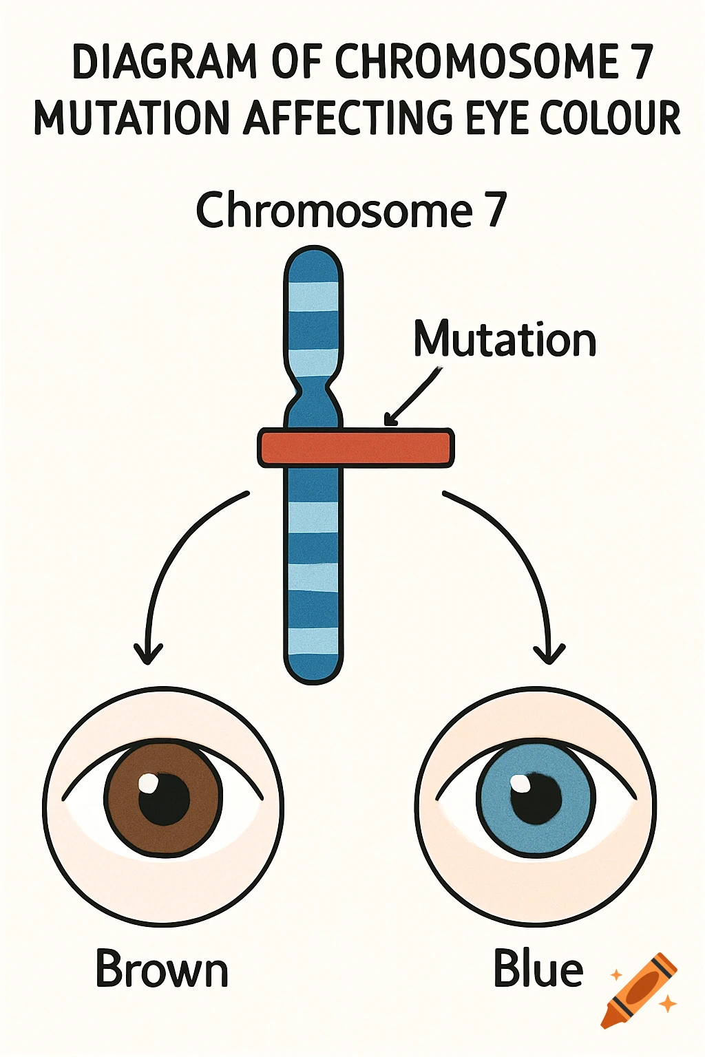 Diagram of chromosome 7 mutation affecting eye colour, showing a chromosome, a mutation point, and two eyes labelled Brown and Blue.