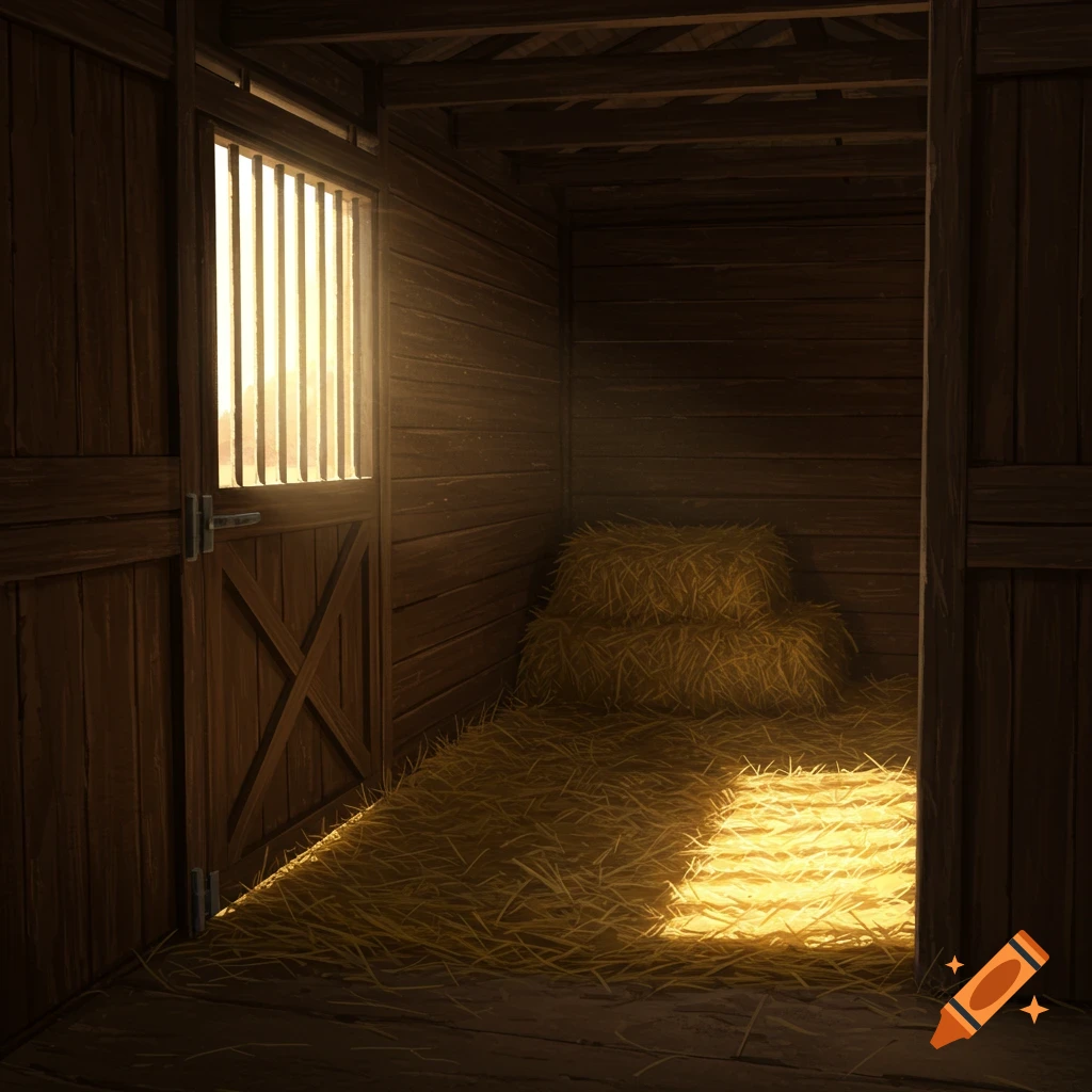 Interior of a barn stall filled with hay, with sunlight streaming through a grated window.