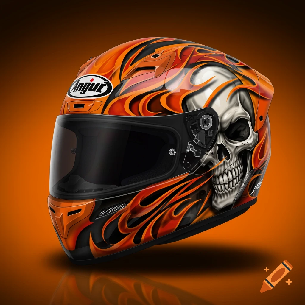 A racing helmet with a skull and flames design on an orange background.