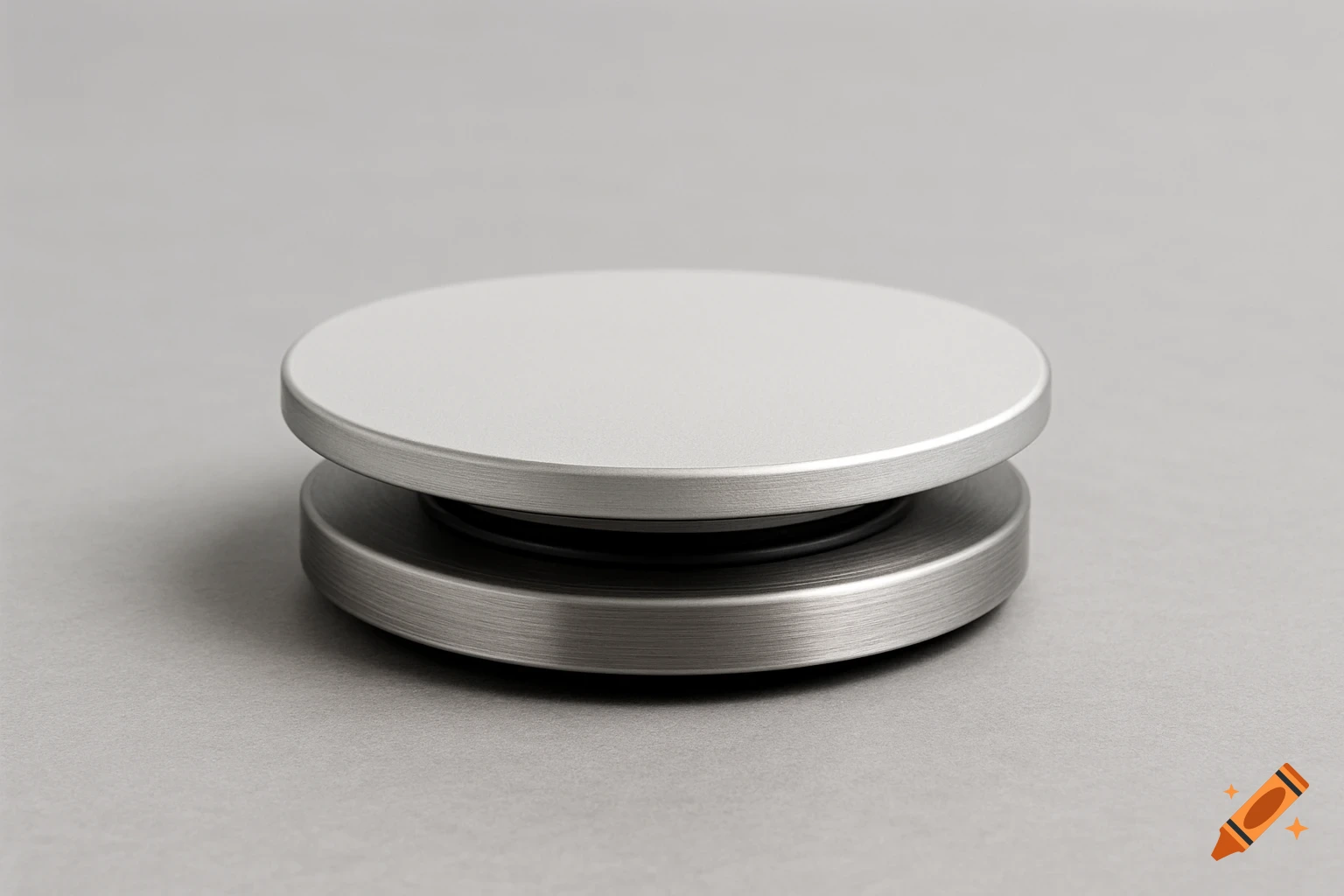 Close-up of a silver metal object with two stacked discs on a grey background.