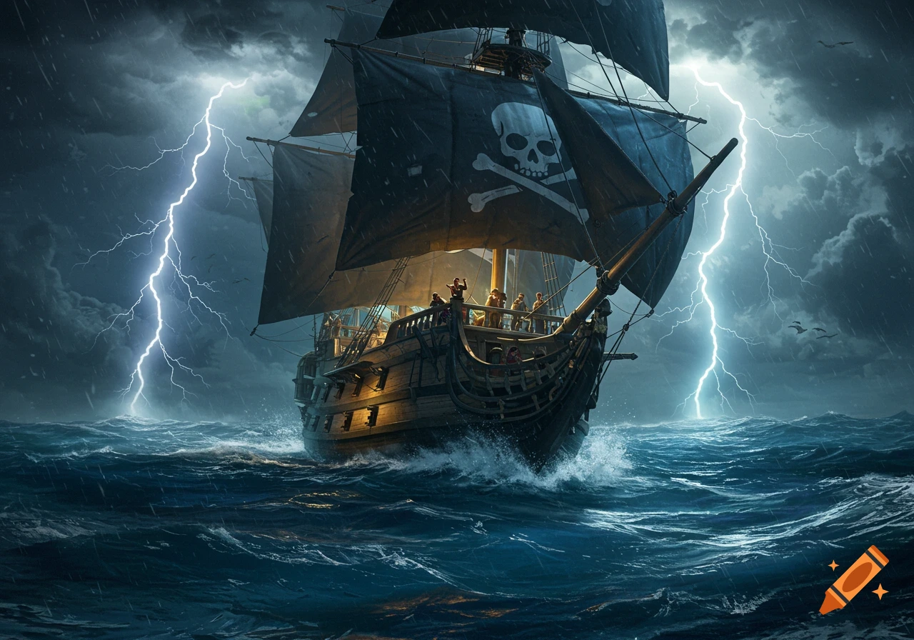 A pirate ship sails through a dark, stormy sea with lightning striking